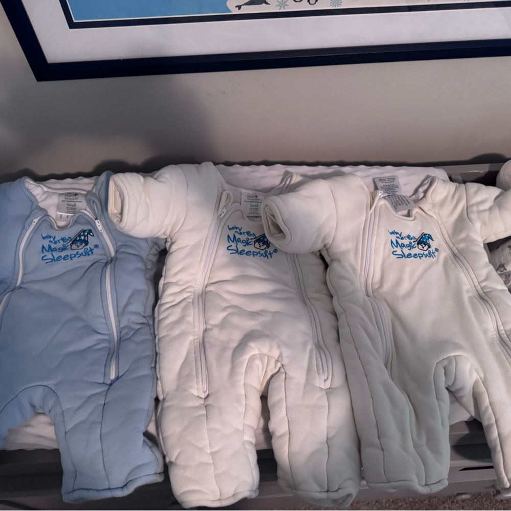 3 Magic Merlin Sleep Suits- 1 blue, 2 yellow- all small